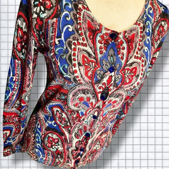 Talbots 100% Merino Wool Blue & Red Multicolor Brushed Paisley Cardigan Size S - Picture 4 of 12